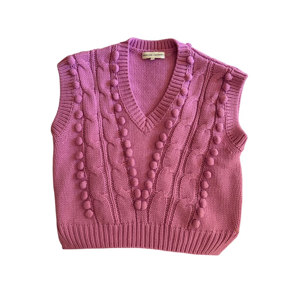 English Factory Pink Cable Knit Pom Pom Sweater Vest Small Chunky Cotton Blend
